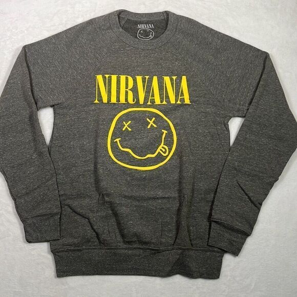 Nirvana smiley‎ face grey yellow band concert Crewneck pullover NWOT Men Medium - Picture 1 of 6